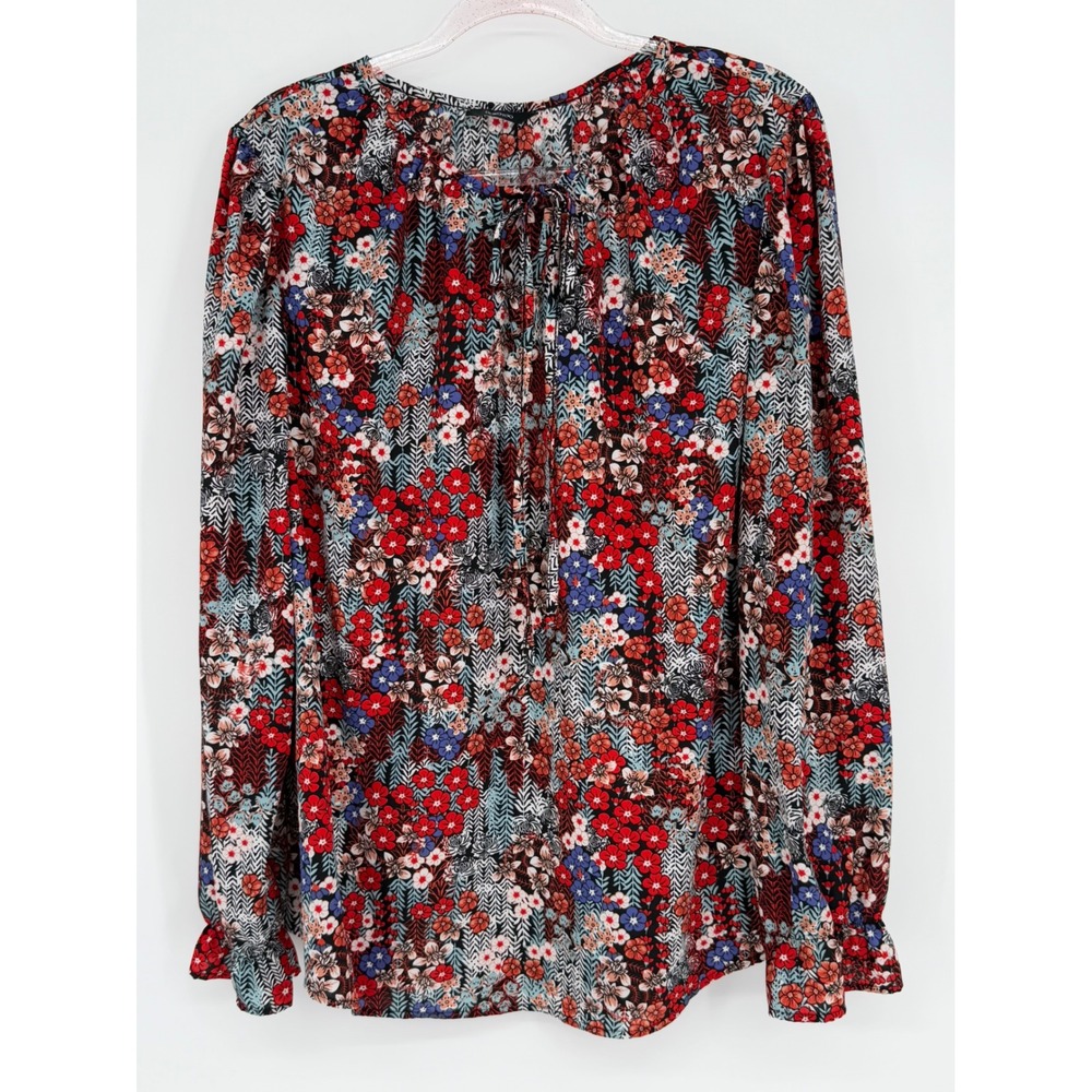 Dokotoo Sz XL Womens Floral Print Long Sleeve Tie Neck Blouse Top Red Blue Black
